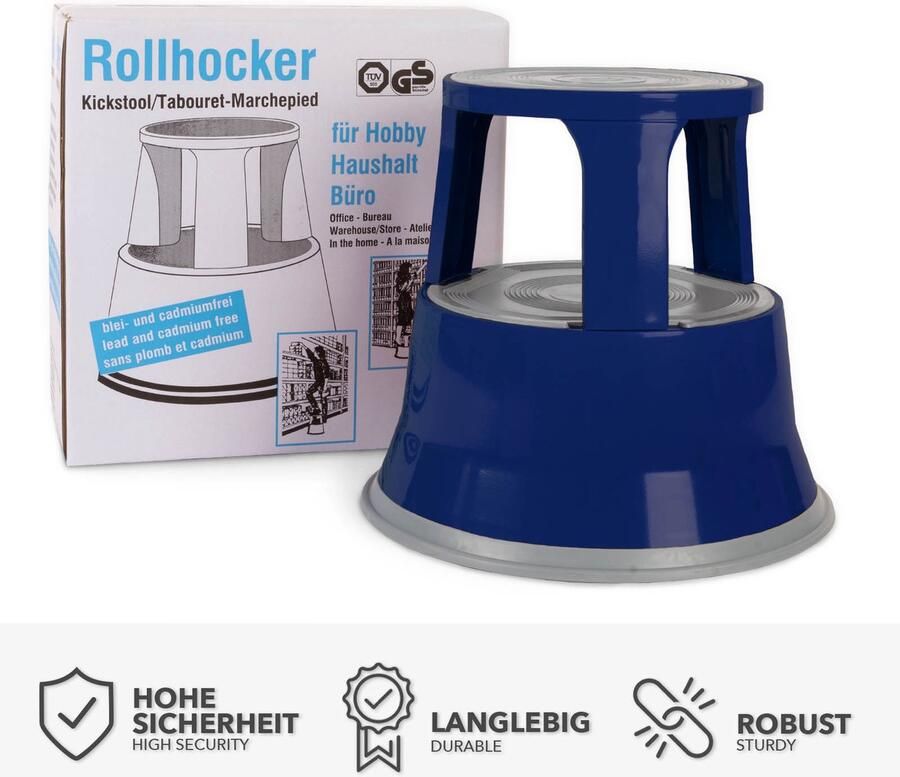Floordirekt Rolkruk Opstapkruk Olifantenpoot Stalen Kruk tot 150kg Belastbaar voor Kantoor of Commercieel Gebruik Blauw