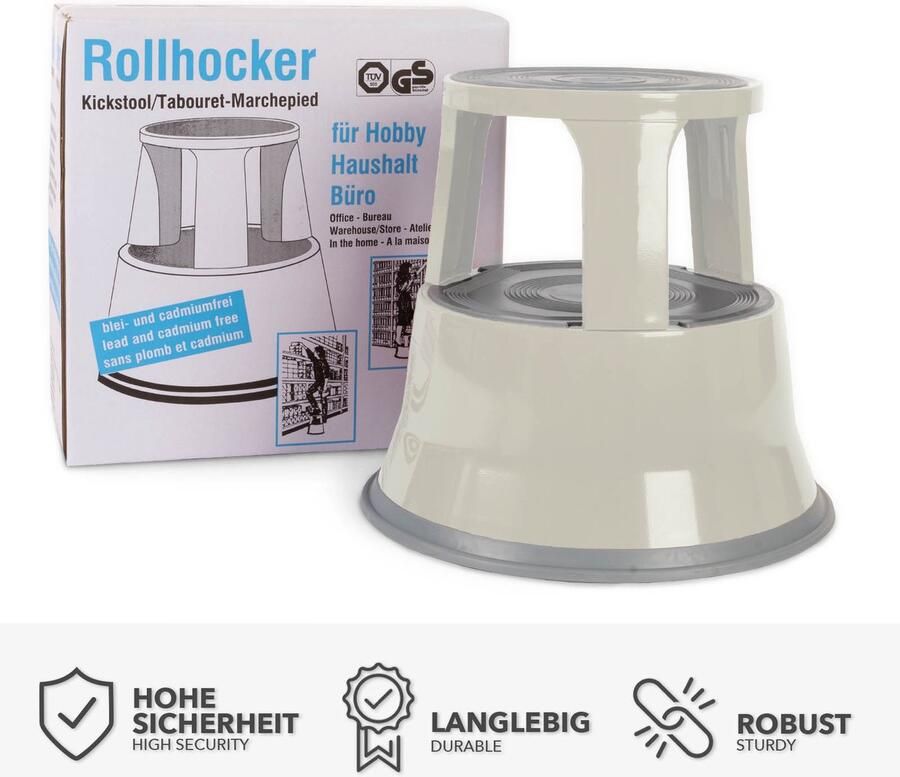 Floordirekt Rolkruk Opstapkruk Olifantenpoot Stalen Kruk tot 150kg Belastbaar voor Kantoor of Commercieel Gebruik Lichtgrijs