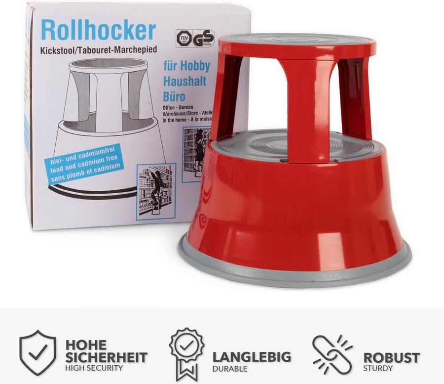 Floordirekt Rolkruk Opstapkruk Olifantenpoot Stalen Kruk tot 150kg Belastbaar voor Kantoor of Commercieel Gebruik Rood