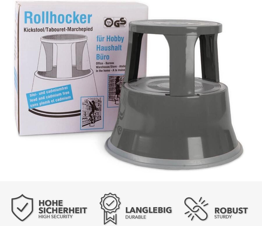 Floordirekt Rolkruk Opstapkruk Olifantenpoot Stalen Kruk tot 150kg Belastbaar voor Kantoor of Commercieel Gebruik Grijs