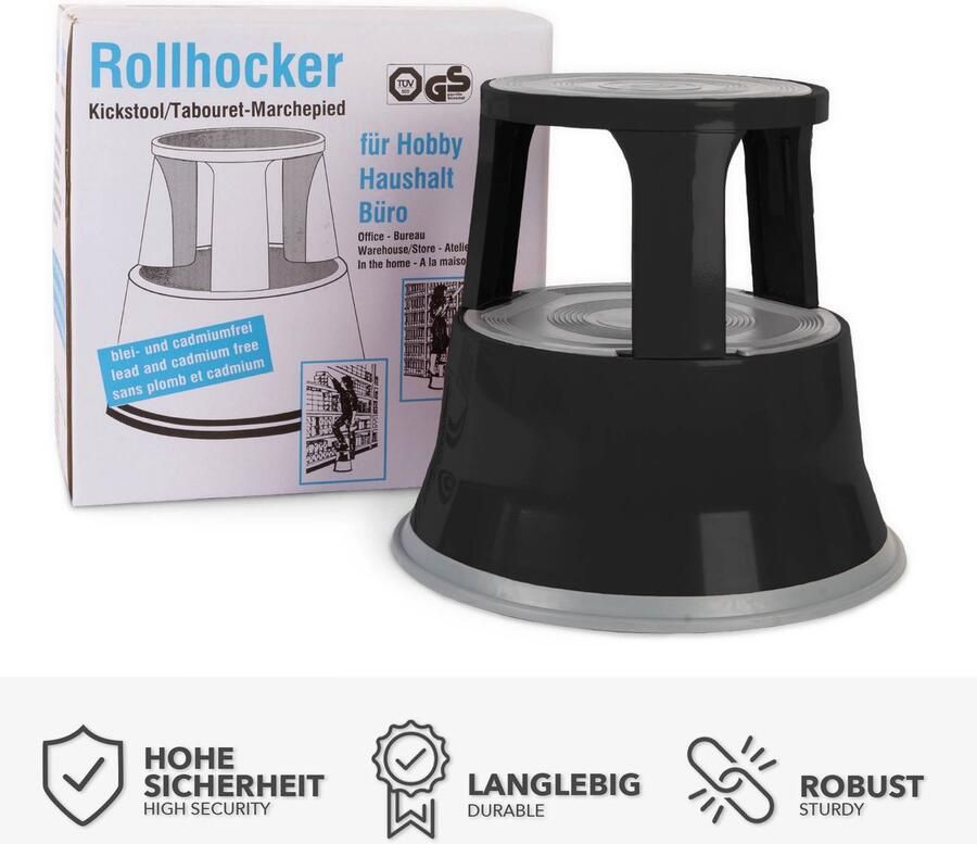 Floordirekt Rolkruk Opstapkruk Olifantenpoot Stalen Kruk tot 150kg Belastbaar voor Kantoor of Commercieel Gebruik Zwart