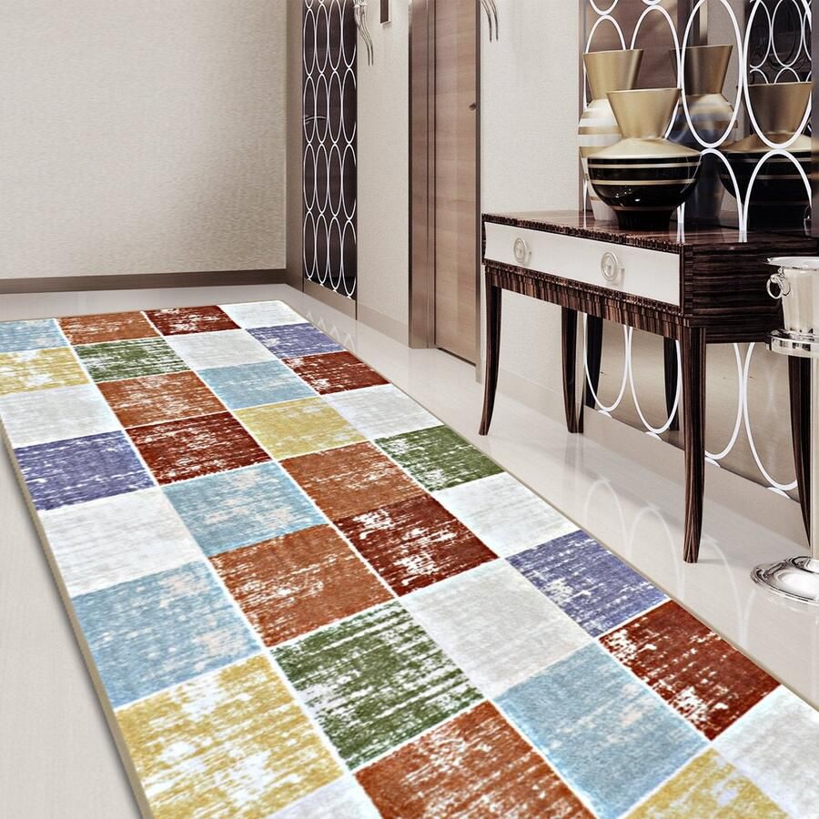 Floordirekt Tapijt Loper Capera met Patroon Op Maat Gemaakte Fijn Lus Tapijt Loper Voor Keuken Hal & Woonkamer Rasterpatroon Kleurrijke 80 x 350 cm