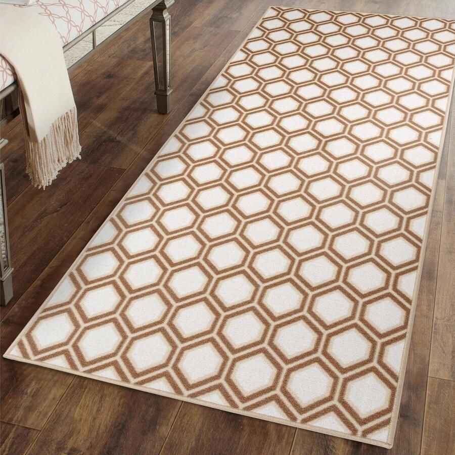 Floordirekt Tapijt Loper Cardiff met Patroon Op Maat Gemaakte Fijn Lus Tapijt Loper Voor Keuken Hal & Woonkamer Honingraatpatroon in Beige 80 x 200 cm