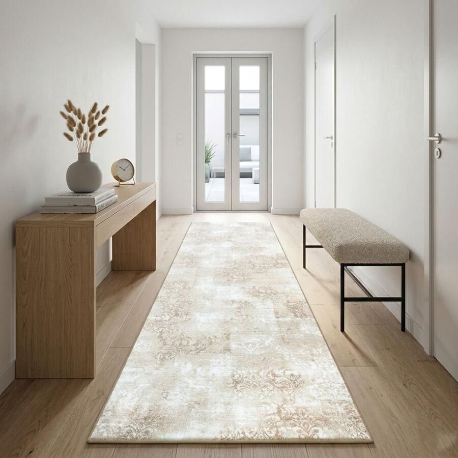 Floordirekt Tapijt Loper Davoli met Patroon Op Maat Gemaakte Fijn Lus Tapijt Loper Voor Keuken Hal & Woonkamer Ornament Vintage Oosters Rooster in Beige 80 x 450 cm