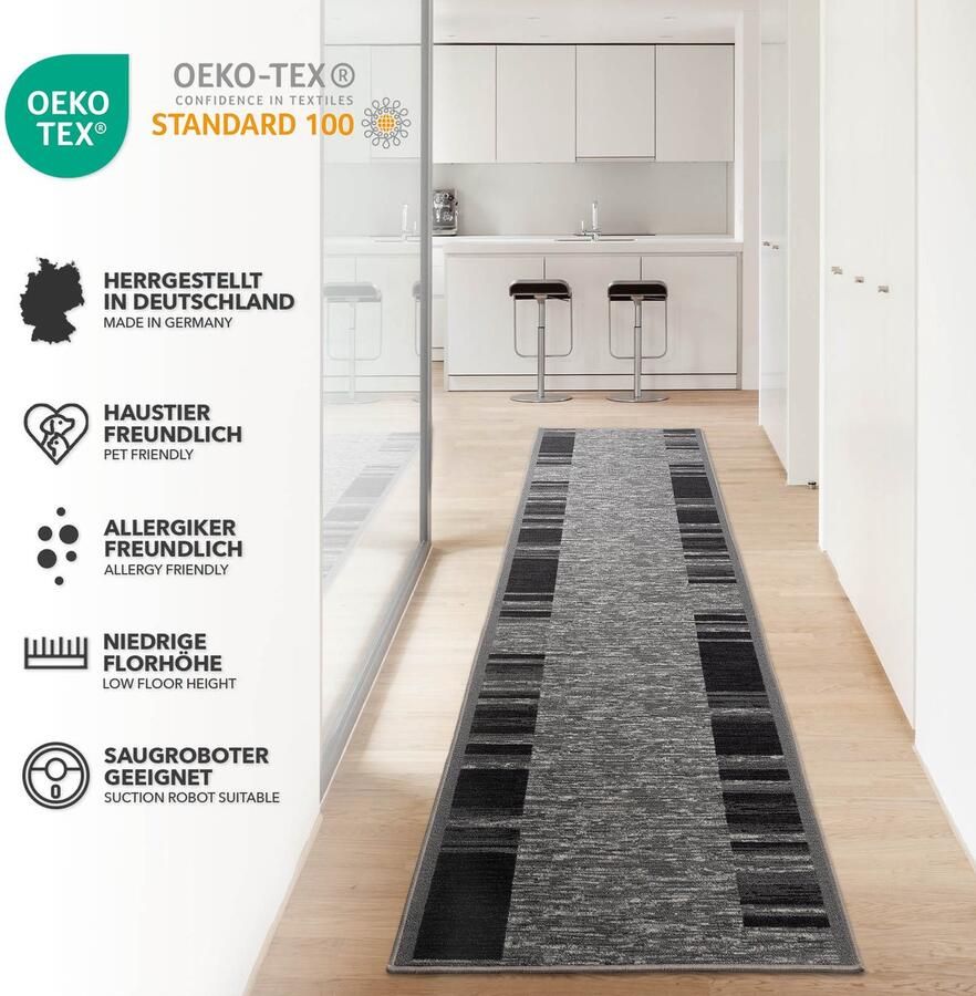 Floordirekt Tapijt Loper Navona Loper voor Keuken Hal & Woonkamer Fijn Lusjes Tapijt Antislip & Antistatisch Moderne Hal Tapijt Grijs Antraciet 80 x 150 cm