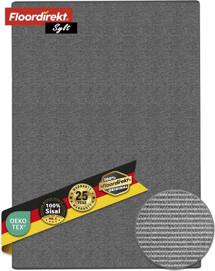 Floordirekt Sisal Vloerkleed Loper van Natuurlijke Vezels Vloerkleed voor Woonkamer Hal Slaapkamer Sisal Vloerkleed Sylt Grijs 66 x 500 cm