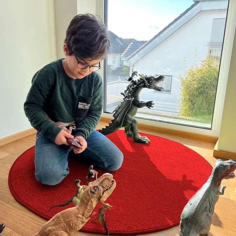 Floordirekt Tapijt Rond Ø 120 cm Rood Modern Fluffy Velours Kortpolig Tapijt voor Kinderkamer Speeltapijt & Kindertapijt Krokodil