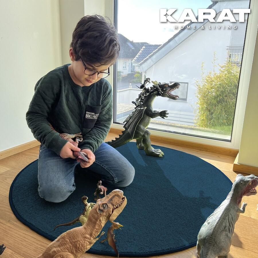 Floordirekt Tapijt Rond Ø 133 cm Blauw Modern Fluffy Velours Kortpolig Tapijt voor Kinderkamer Speeltapijt & Kindertapijt Krokodil