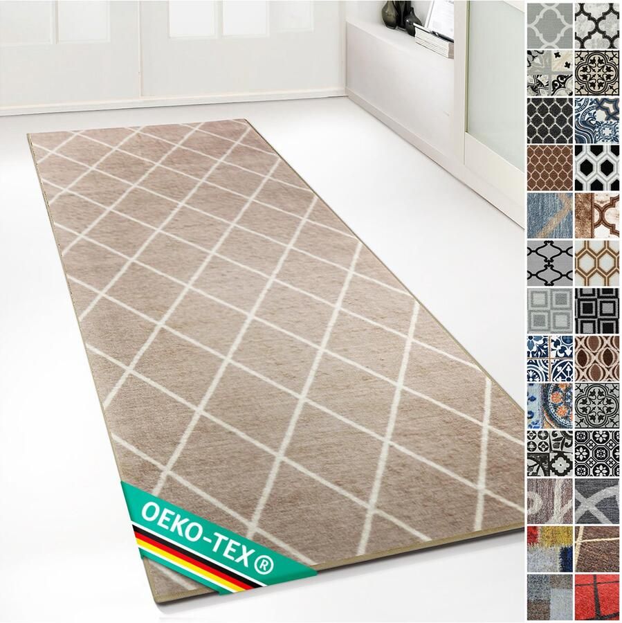 Floordirekt Tapijtloper Cosenza Op Maat Modern Ruitdesign- Antislip Beige 80 x 250 cm