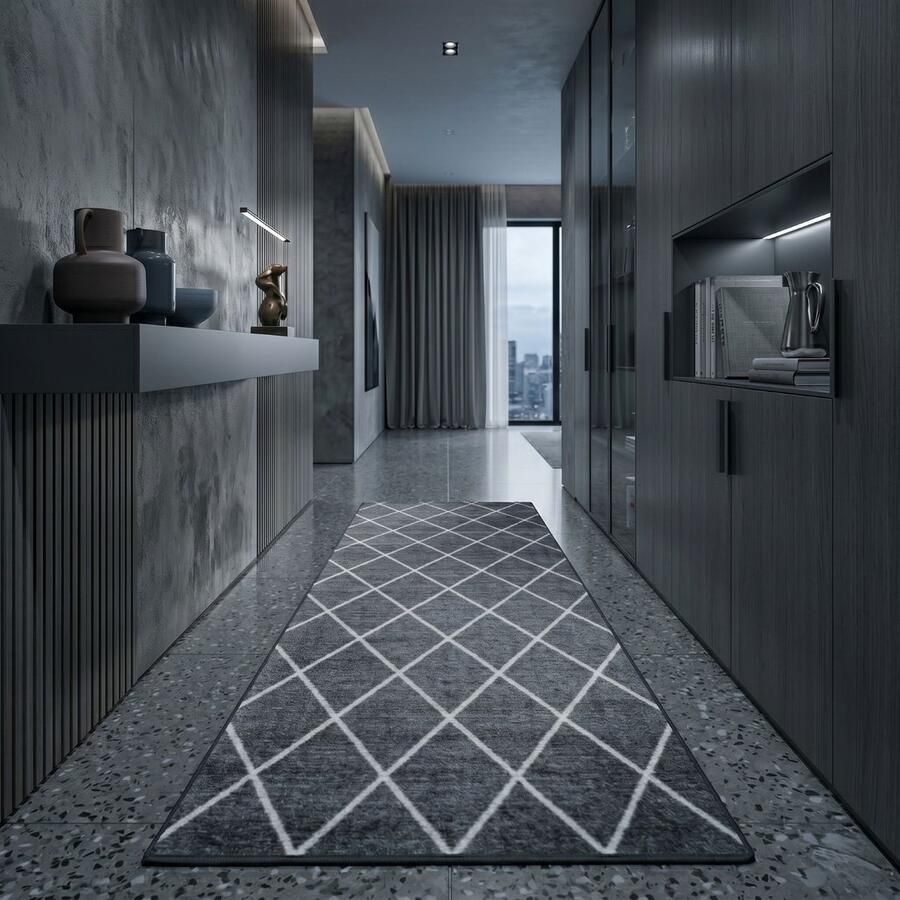Floordirekt Tapijtloper Cosenza Op Maat Modern Ruitdesign- Antislip Zwart 80 x 150 cm - Foto 2