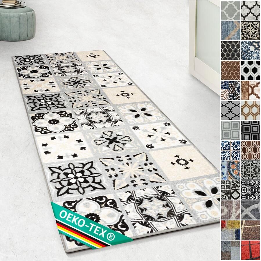 Floordirekt Tapijtloper Dublin Fijn Lussen Tapijt met Patroon Loper voor Keuken Hal & Woonkamer Antislip & Antistatisch Keukenloper 80 x 200 cm