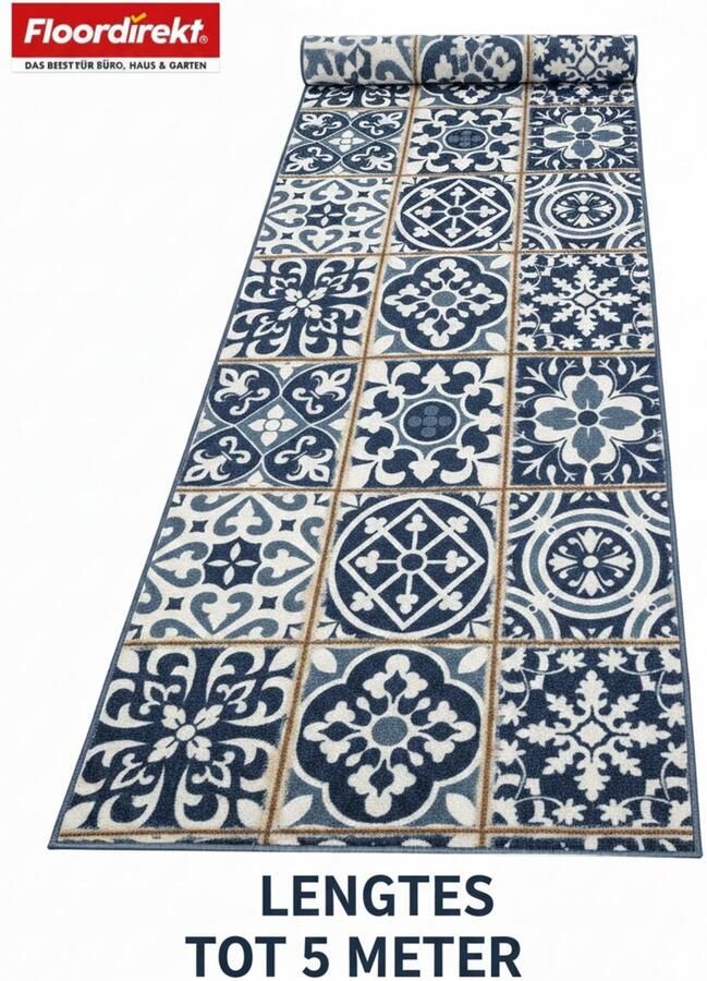Floordirekt Tapijtloper Swansea Vloerkleed met Azulejos-Look Blau Wit Eenvoudig te Reinigen & Modern Keukenloper 80 x 350 cm - Foto 3