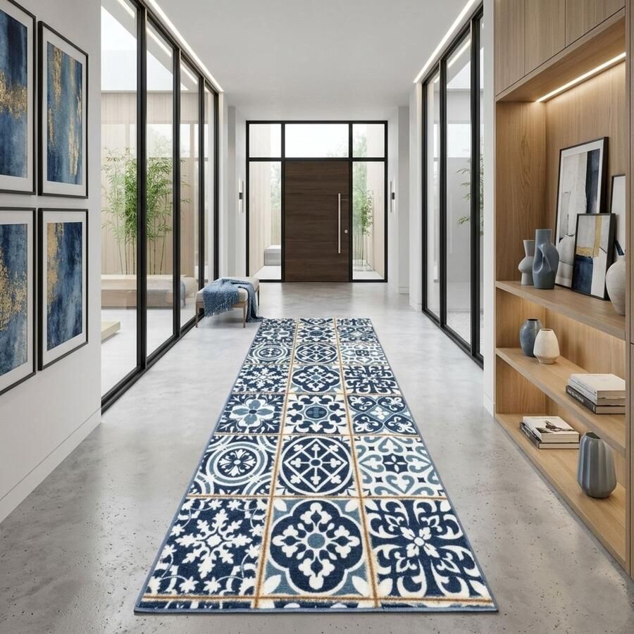 Floordirekt Tapijtloper Swansea Vloerkleed met Azulejos-Look Blau Wit Eenvoudig te Reinigen & Modern Keukenloper 80 x 350 cm - Foto 2