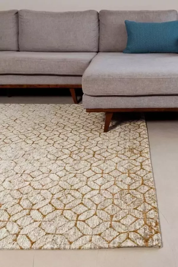 Floorpassion Noma 62 Uniek geometrisch vloerkleed in steengrijze en donker okergele kleurstelling
