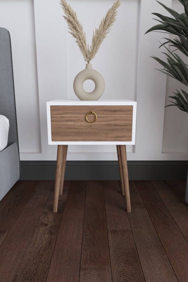 Flora Angel nachtkastje en dressoir Nachtkastje industrieel Dressoir met lades Console Dressoir Nachtkastje met houten poten Ladekast met gouden handvatten 62 x 45 cm Wit en Okkernoot