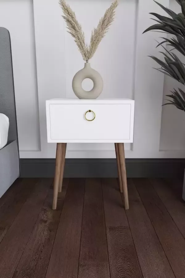 Flora Zuesse Dizayn Angel nachtkastje en dressoir Nachtkastje industrieel Dressoir met lades Console Dressoir Nachtkastje met houten poten Ladekast met gouden handvatten 62 x 45 cm Wit