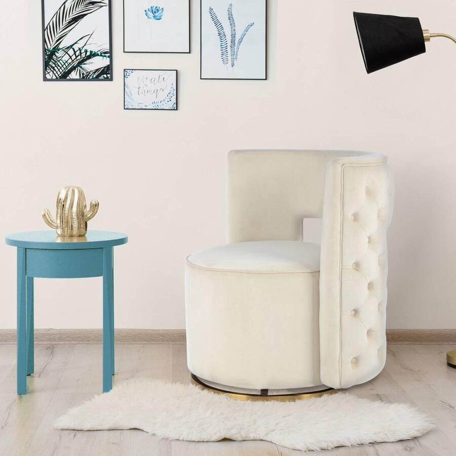 Floraya Draaifauteuil Beverly Creme velours 360 graden draaibaar Maximale draagkracht 120KG draaistoel