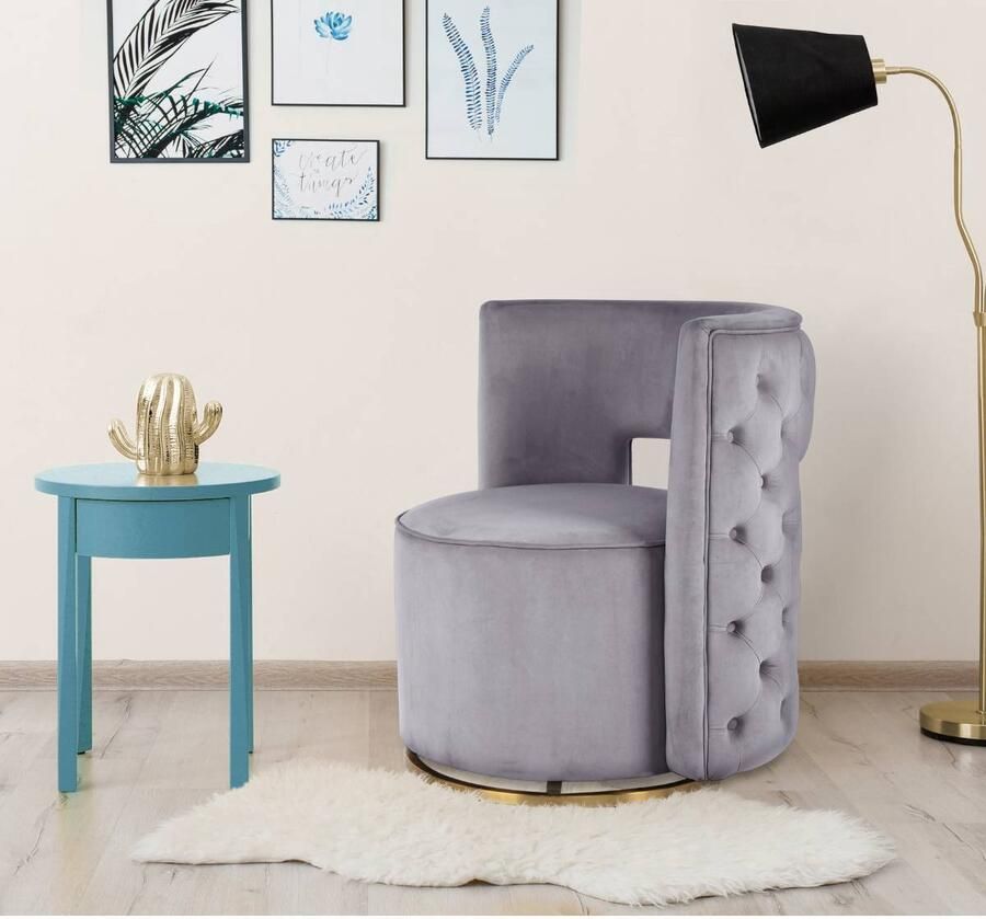 Floraya Draaifauteuil Beverly Grijs velours 360 graden draaibaar Maximale draagkracht 120KG draaistoel