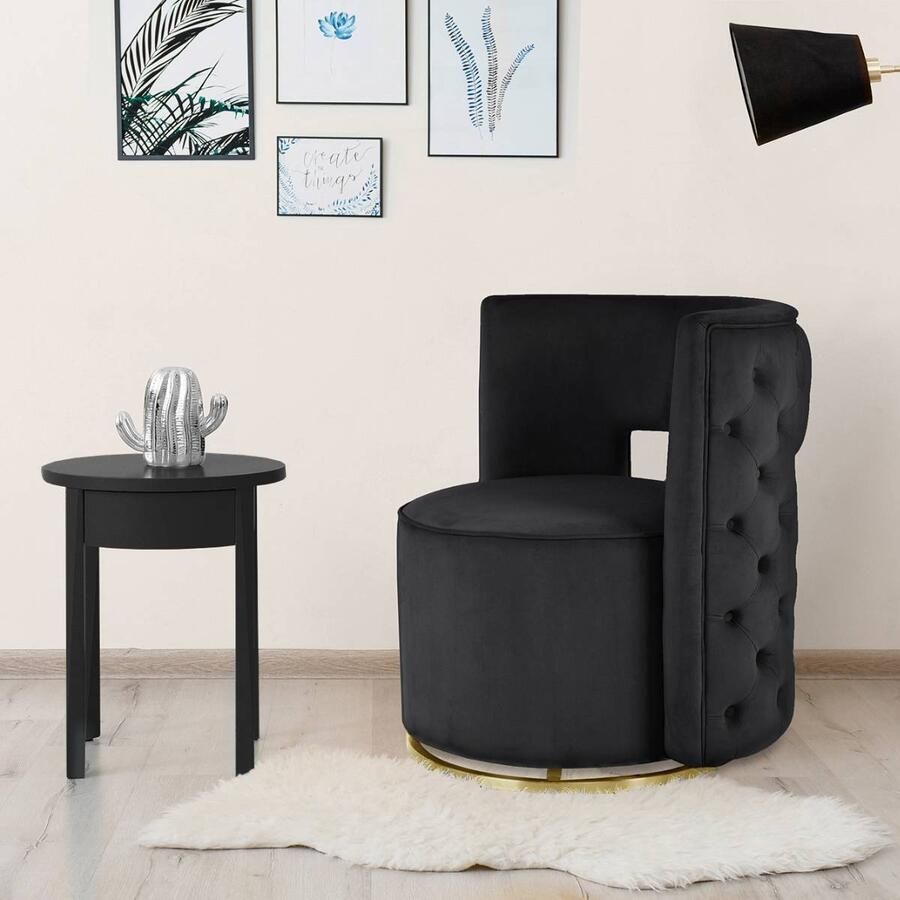 Floraya Draaifauteuil Beverly Zwart velours 360 graden draaibaar Maximale draagkracht 120KG draaistoel