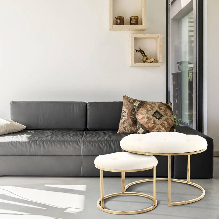 Floraya Poef Hocker Jamilla Set 2 stuks Beige Goud 60 x 41 cm + 40 x 32 cm (BxH) Draagvermogen 120KG