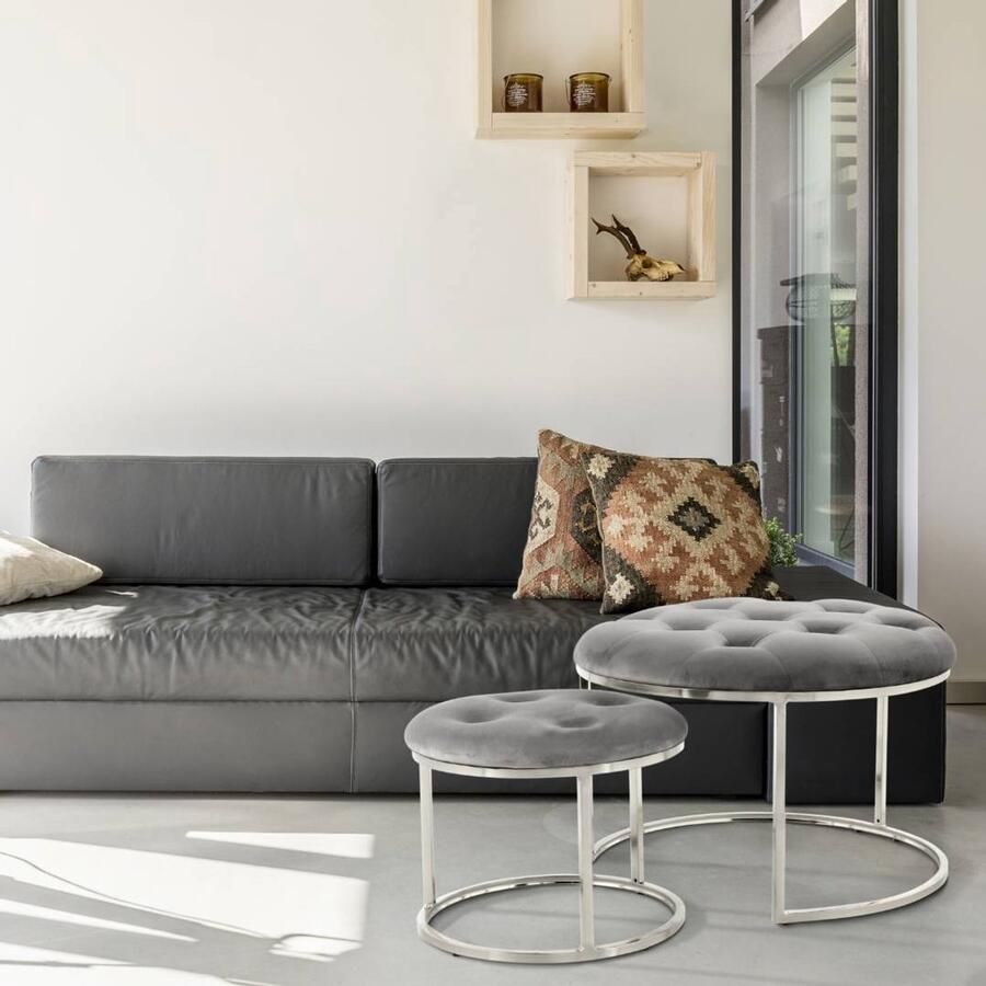 Floraya Poef Hocker Jamilla Set 2 stuks Grijs Zilver 60 x 41 cm + 40 x 32 cm (BxH) Draagvermogen 120KG