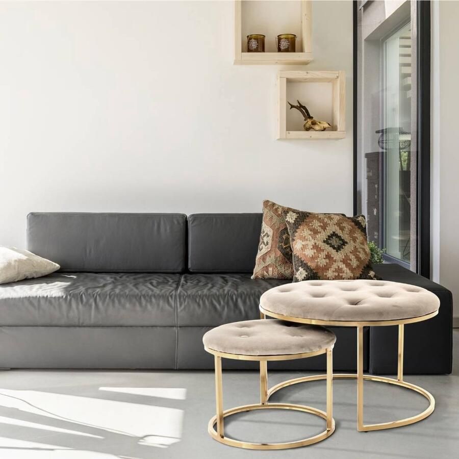 Floraya Poef Hocker Jamilla Set 2 stuks Taupe Goud 60 x 41 cm + 40 x 32 cm (BxH) Draagvermogen 120KG