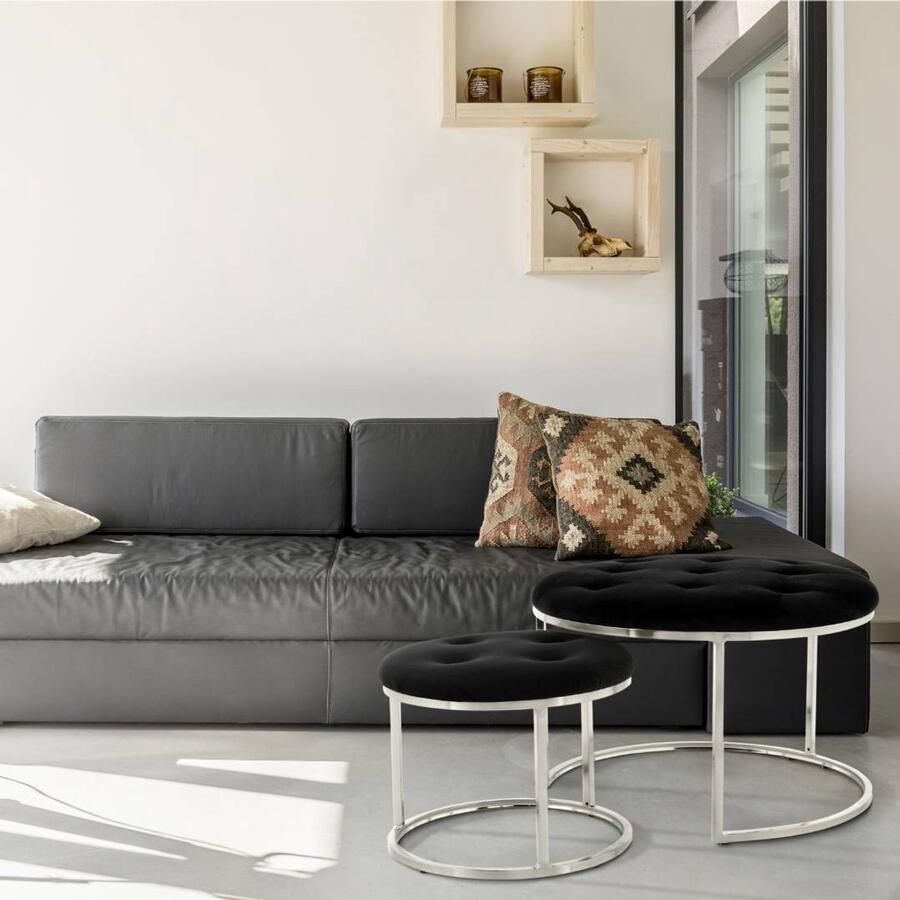 Floraya Poef Hocker Jamilla Set 2 stuks Zwart Zilver 60 x 41 cm + 40 x 32 cm (BxH) Draagvermogen 120KG