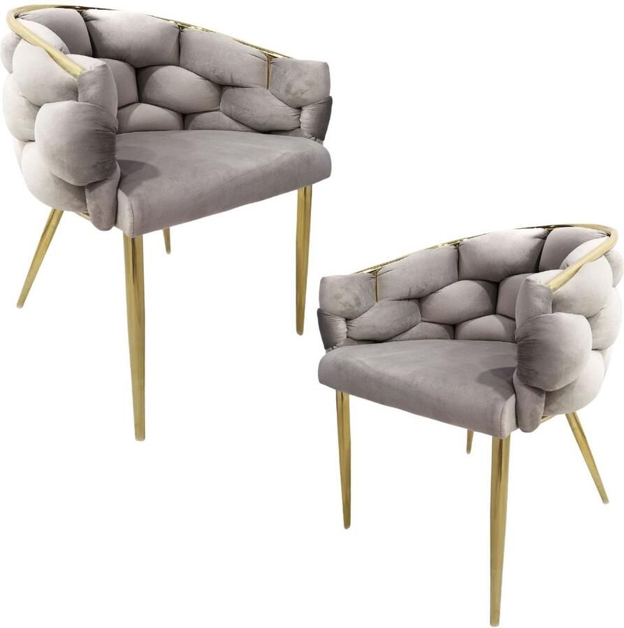 Floraya Set 2 eetkamerstoelen Grace Taupe Goud Velours 61x65x79 cm (LxBxH) Draagkracht 150KG geknoopte rugleuning