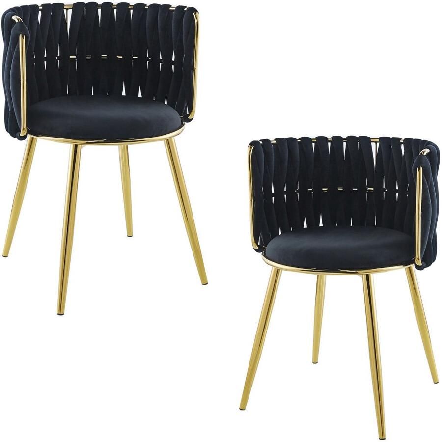 Floraya Set 2 eetkamerstoelen Melly Zwart Goud 53x57x85 cm Velours (LxBxH)Draagkracht 150KG Design