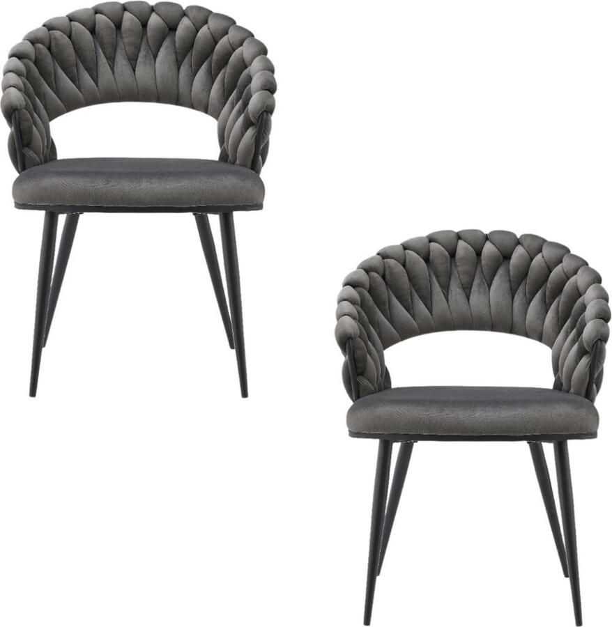 Floraya Set 2 fluwelen eetkamerstoelen Finesse Antraciet Zwart 61x61x82cm (LxBxH) Draagvermogen 150KG