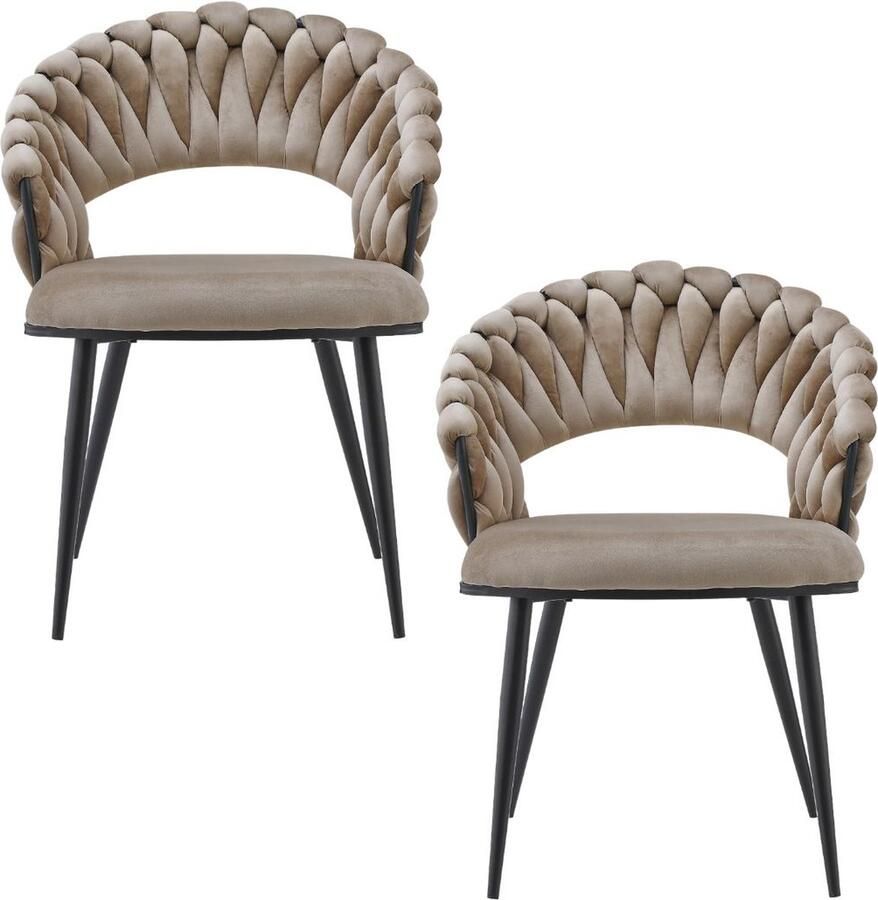 Floraya Set 2 fluwelen eetkamerstoelen Finesse Beige Zwart 61x61x82cm (LxBxH) Draagvermogen 150KG