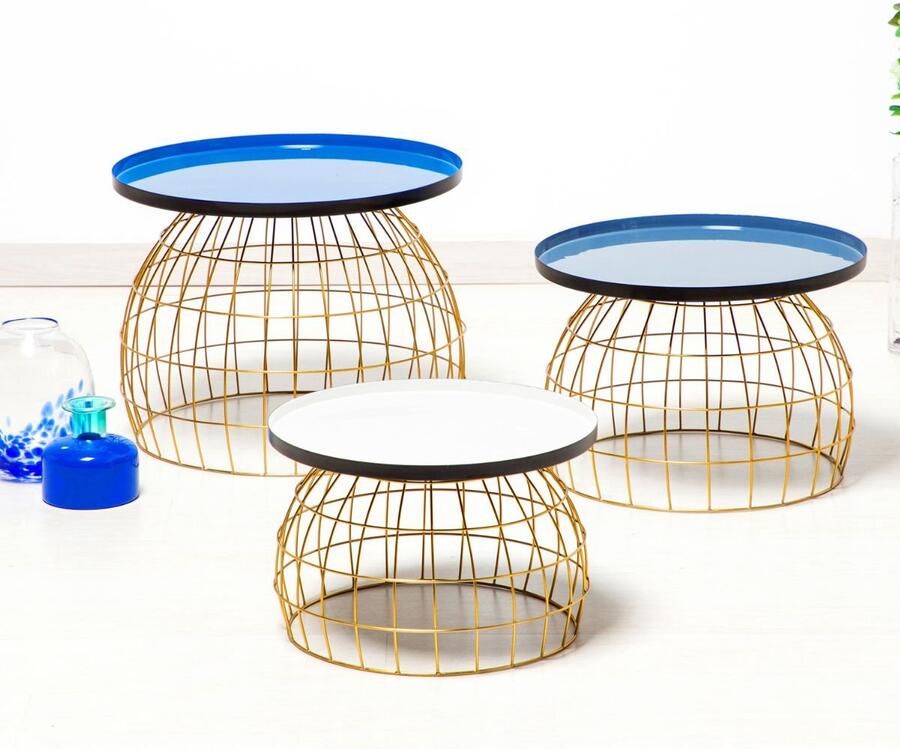 Floraya Set 3 bijzettafels Laudatio Blauw Grijs Wit 40x40x26 cm + 45x45x32 cm + 50x50x42 cm (LxBxH)