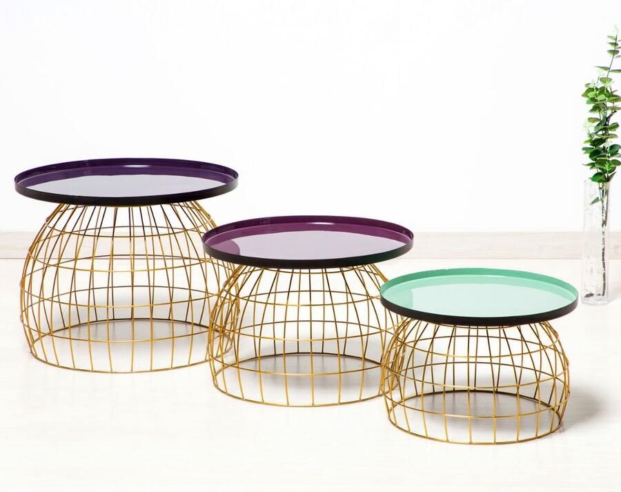 Floraya Set 3 bijzettafels Laudatio Paars Violet Lichtgroen 40x40x26 cm + 45x45x32 cm + 50x50x42 cm (LxBxH)