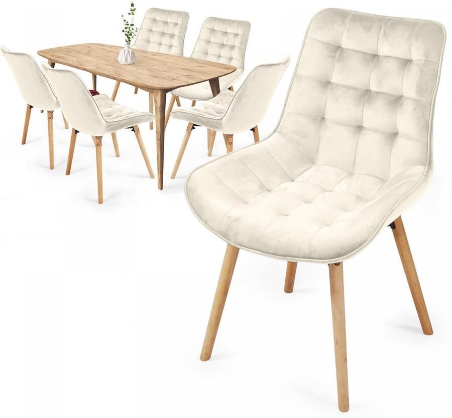 Floraya Set 6 eetkamerstoelen Beige Fluweel Japandi Style 54x59 5x84 cm (BxDxH) Geschikt tot 150KG