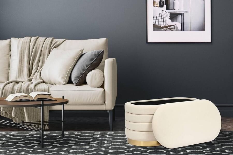 Floraya Underbar Opbergbank Adina Fluweel Velours 42 x 80 x 42 cm (LxBxH) Beige Goud Maximaal draagvermogen 150KG Japandi style