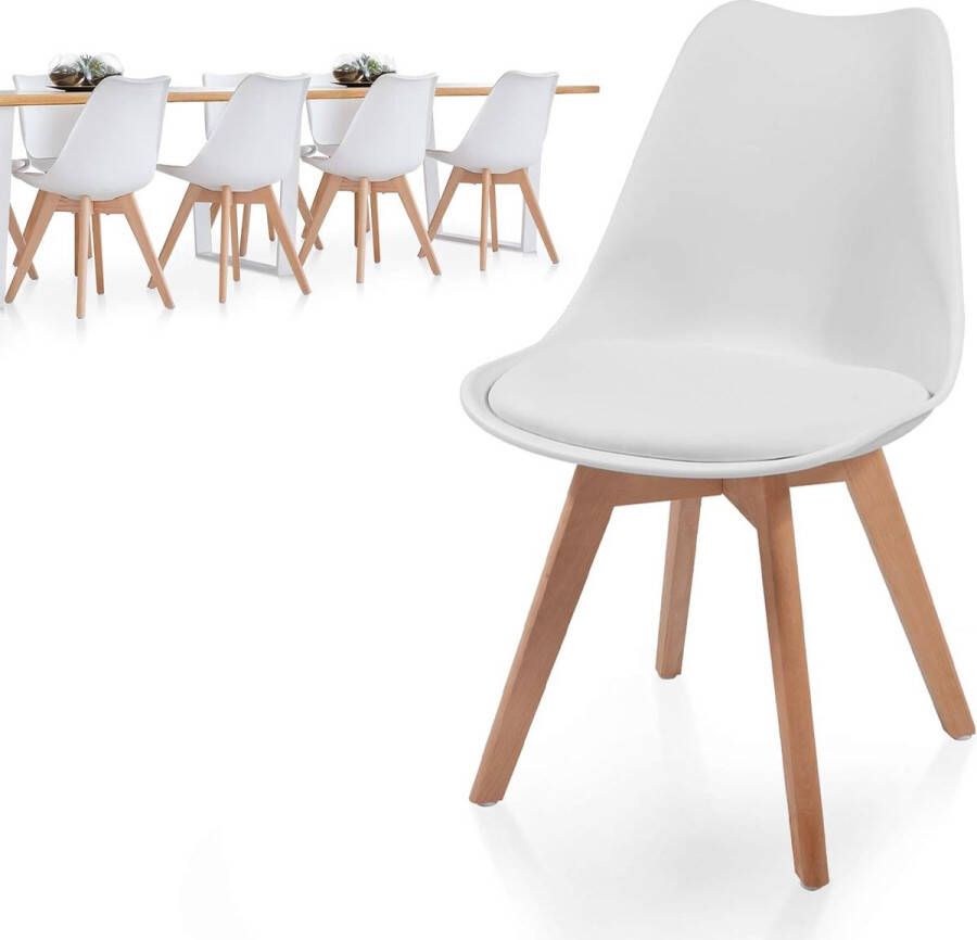 Floraya Set 8 Eetkamerstoelen Wit Kunststof met zitkussen met rugleuning Scandinavisch design