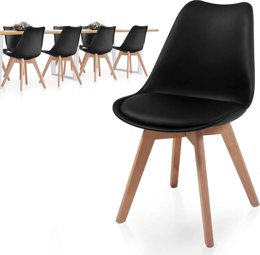 Floraya Set 8 Eetkamerstoelen Zwart Kunststof met zitkussen met rugleuning Scandinavisch design