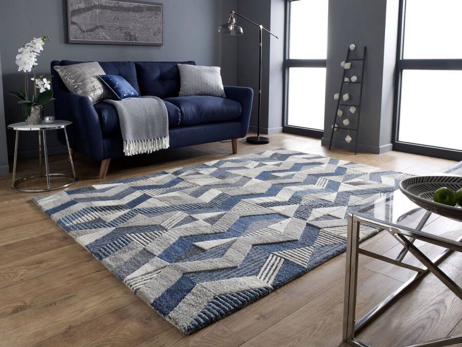 Flycarpets Asher Modern Laagpolig 100% Wol Geo Vloerkleed Blauw 160x230 cm
