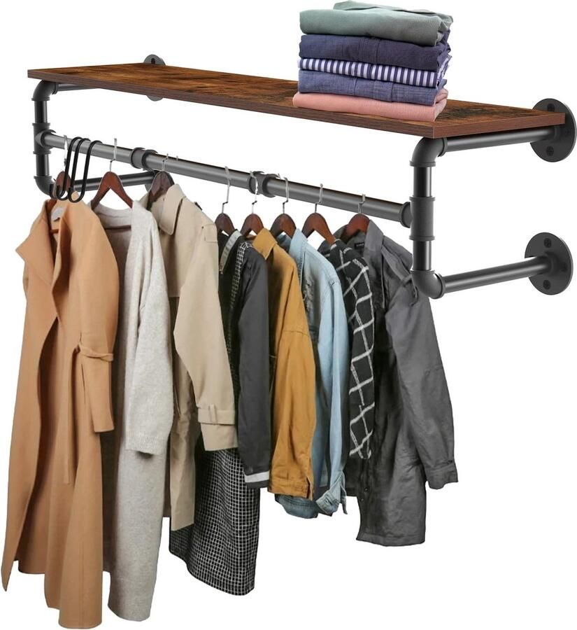 Fluux kleding rek industriële pijp kledingrek met hout plank muur bevestiging kleur bruin zwart materiaal metaal mdf max gewichtcapaciteit 30kg LxBxH100x25x22cm