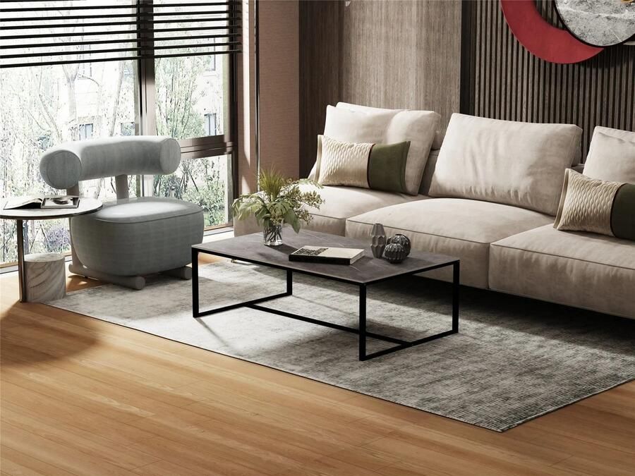 Fluux stenen salontafel salon tafel rechthoekig meubel zwart metalen frame kleur grijs L x B x H 100cm x 60cm x 40 18 25kg