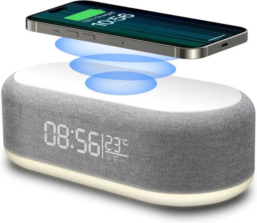 FluxGoods Multifunctionele Bureauklok met draadloze oplader wekker thermometer LED-display en nachtlampje. Perfect voor je nachtkastje of bureau. Compact stijlvol en praktisch!