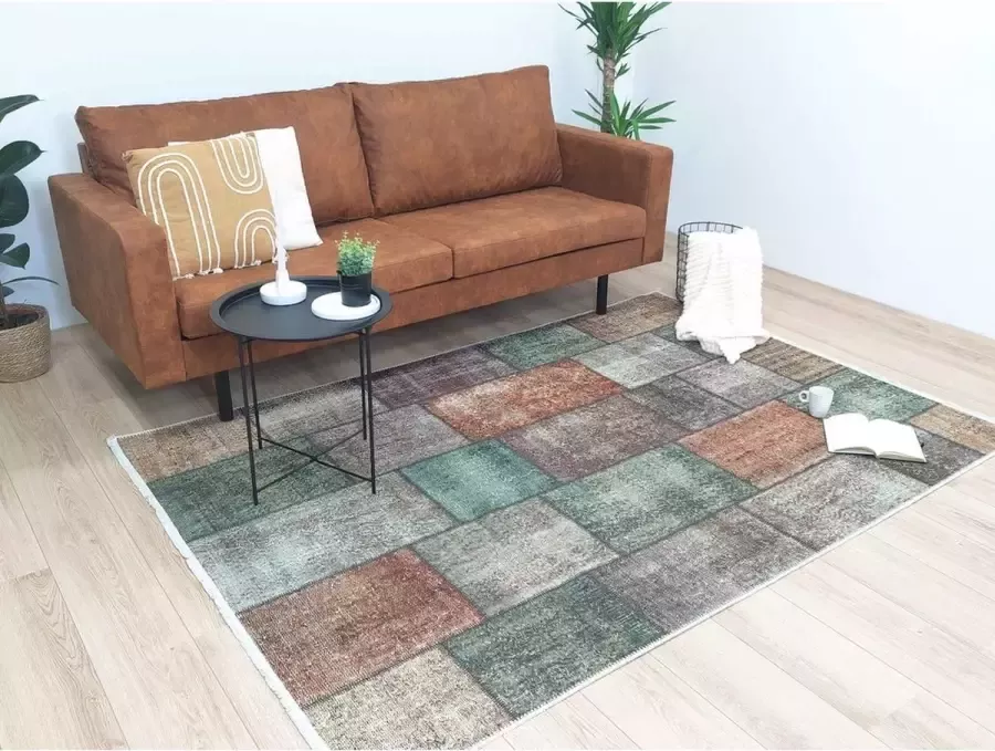 Flycarpets Adrasos Patchwork Design Vloerkleed 120x180cm Bruin Oranje Groen