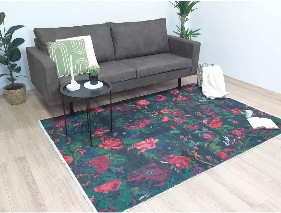 FlyCarpets Adrasos Patchwork Zwart Vloerkleed Gebloemd Wasbaar&Waterdicht