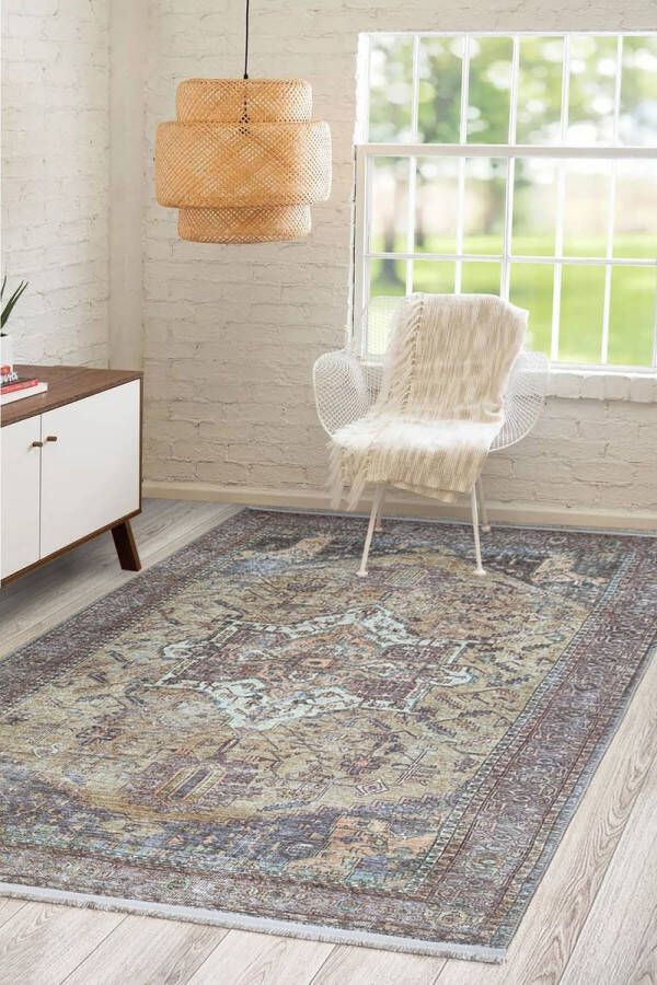 flycarpets Adrasos Vintage Medaillon Wasbaar & Waterdicht Vloerkleed BRUIN GROEN ORANJE 160x230 cm