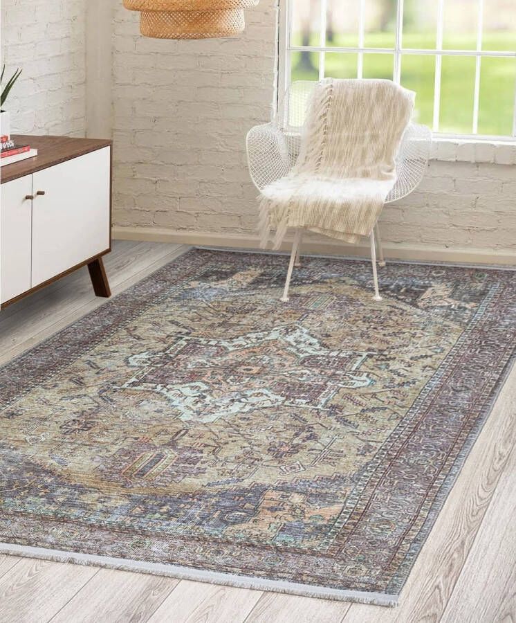 Flycarpets Vintage Vloerkleed Adrasos Medaillon Wasbaar & Waterdicht Bruin Groen Oranje 200x290 cm