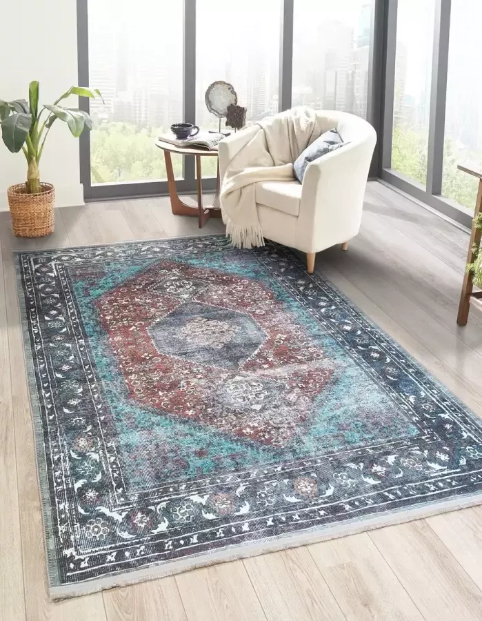 Flycarpets Vintage Vloerkleed Adrasos Medaillon Wasbaar & Waterdicht Blauw -200x290 cm