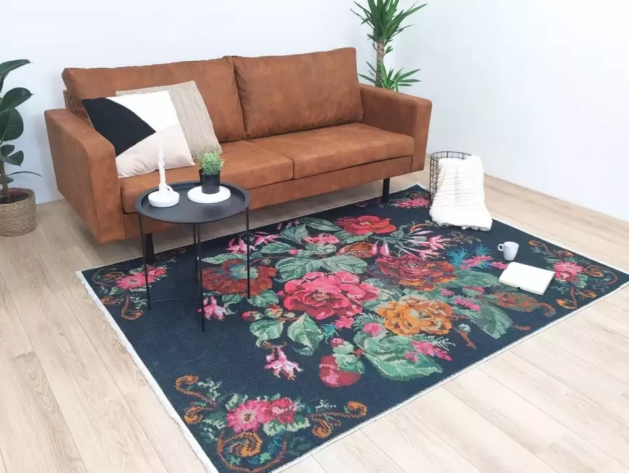 flycarpets Adrasos Vintage Vloerkleed Wasbaar & Waterafstotend 80x300 cm Gebloemd Zwart Multi