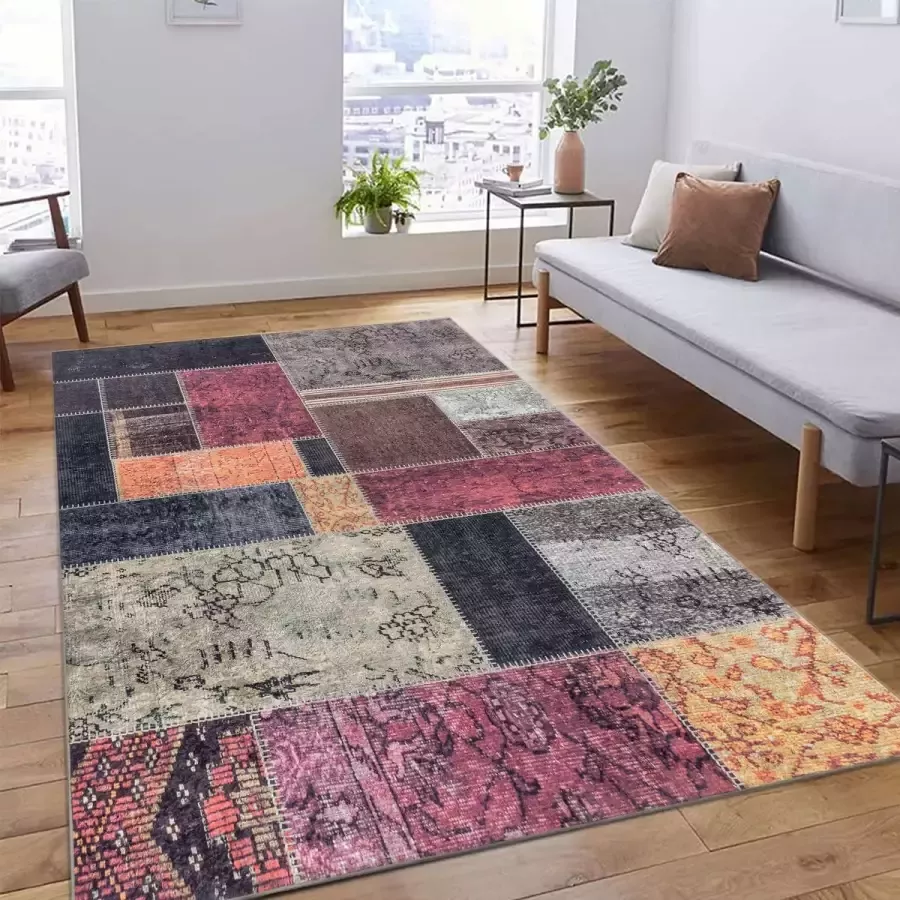 Flycarpets Amira Vintage Vloerkleed Patchwork Kleurrijk Wasbaar Laagpolig 80x150 cm