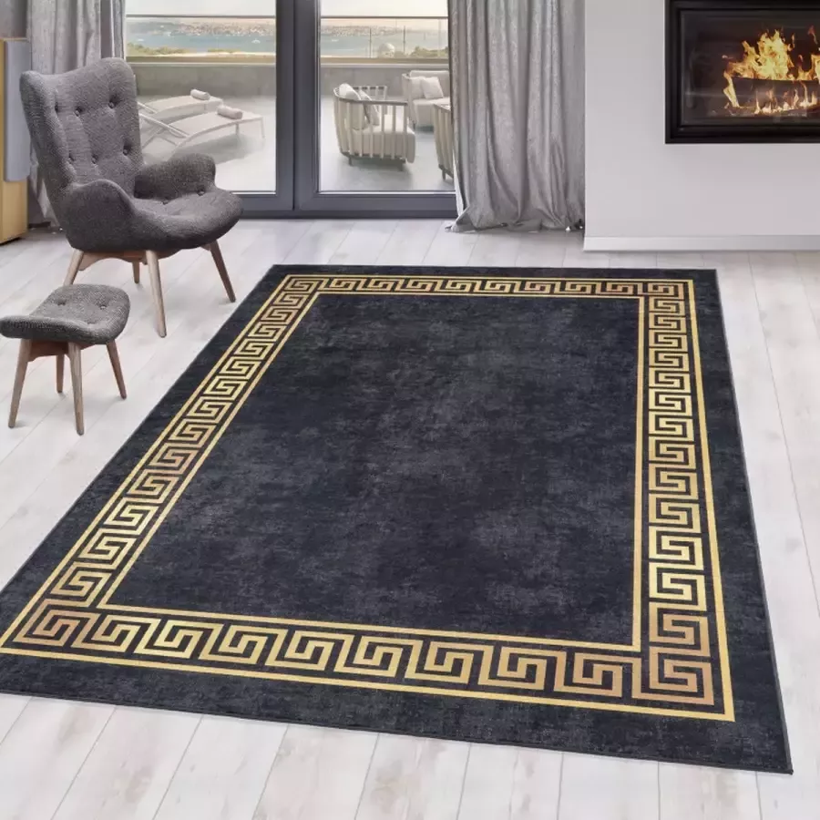 Flycarpets Amira Wasbaar Vloerkleed Zwart Goud Laagpolig Tapijt Woonkamer 160x230 cm - Foto 2
