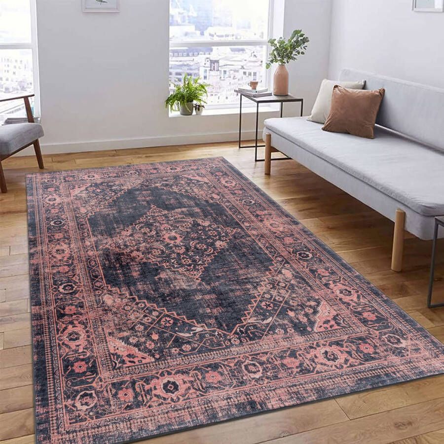 Flycarpets Amira Rood Zwart Vintage Vloerkleed Wasbaar Laagpolig Vloerkleed Tapijt Woonkamer 140x200 cm - Foto 2